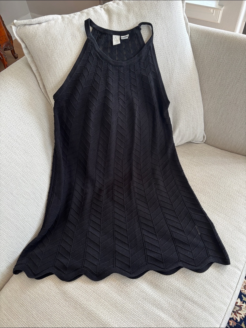 NWOT Joie Black Knit Tank Dress Coverup Chevron Texture Scallop Hem Size M - Picture 6 of 7